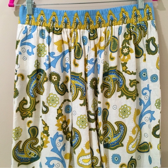 Haute Hippie Style Linen Pants Wide Leg Cropped Blue Cream Paisley Boho Sz M New - Picture 6 of 7